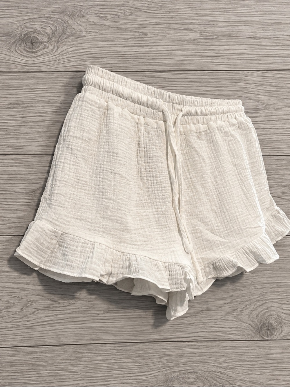 Very J Cream Ruffle-Hem Drawstring Lounge Shorts - Picture 3 of 4
